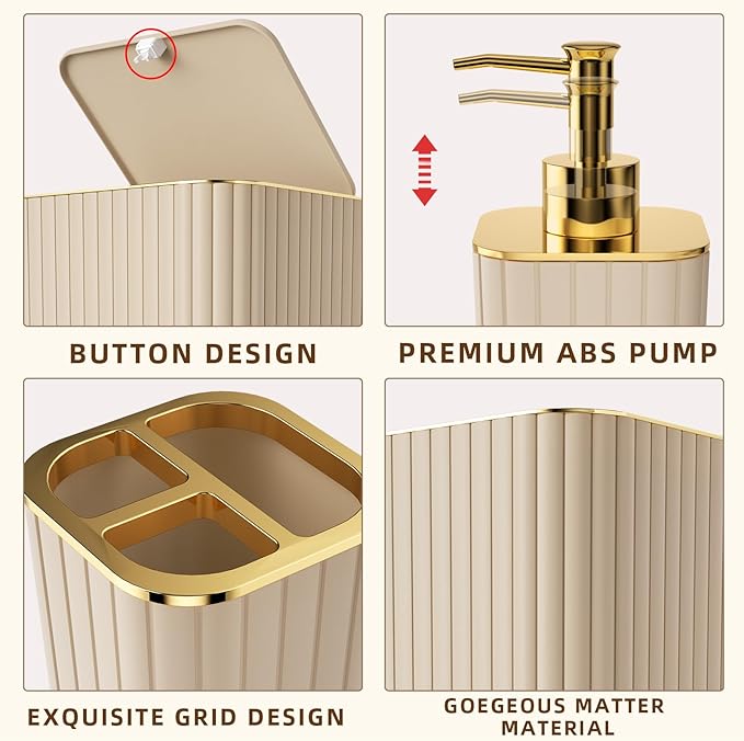 XLHOMO Bathroom Accessories Set - Gorgeous Bathroom Set, 10PC Beige Bathroom Accessory Set, Toilet Brush, Trash Can & Soap Dispenser