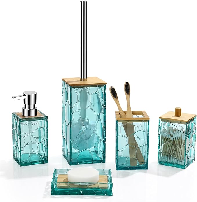 GAHEFY Teal Blue Beach Bathroom Accessories Set, Toothbrush Holder, Soap Dispenser, Cotton Swabs Holder, Soap Dish, Toilet Brush with Holder, Boho Bamboo Bathroom Decor,Acrylic (Teal)