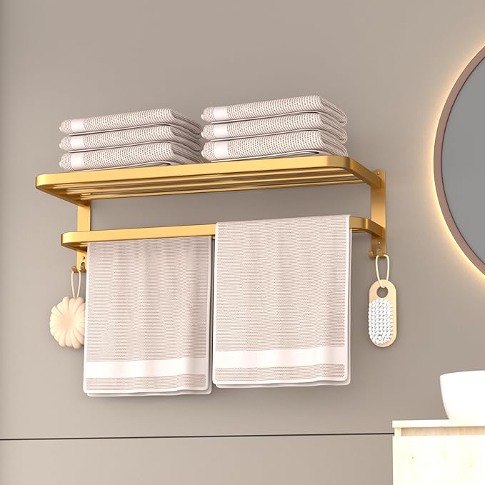 DDS-DUDES 23 Inch Gold Bathroom Towel Rack Towel Shelf with Double Towel Bars Lavatory Wall Mount Holder with Hooks Golden Stainless Steel Hotel Bath Rack
