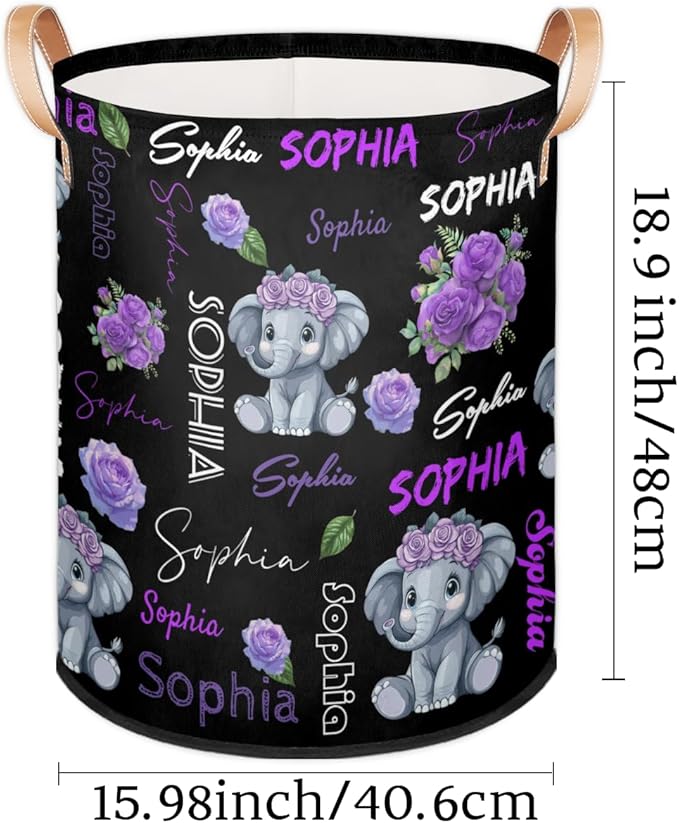 Custom Elephant Laundry Hamper, Personalized Laundry Baskets with Handles Dirty Clothes Hamper Storage Basket