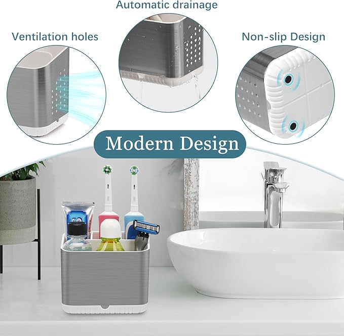 PARKMANI Toothbrush Holders for Bathrooms, Kids Electric Toothbrush and Toothpaste Holder, Brushed Nickel Toothbrush Caddy, Tooth Brushing Stand for Bathroom Organizer Countertop (Brushed Silver)