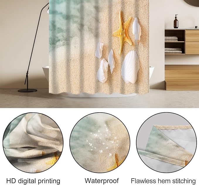 Lnond 4Pcs Summer Beach Shower Curtain Sets with Rugs, Seashore Starfish Shell Bathroom Sets with Shower Curtain and Rugs and Accessories