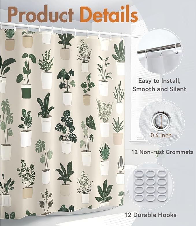 MAMUSE Shower Curtain for Bathroom - Cute Aesthetic Decorative Modern Girly Unique Girls Design Pretty Women Waterproof Fabric Cloth Cortinas de Baño Bathtub 72 x 72 Inch, Plants