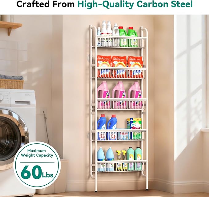 NECHEGE Slim Shelf Behind Door Storage Rack, 5-Tier Multi-Purpose Space-Saving Organizer for Bathroom, Kitchen, Living Room-Sturdy Metal Bookshelf for Narrow Spaces