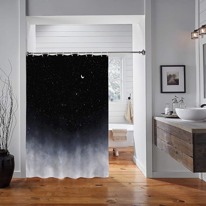 Neasow Black Shower Curtain,Stars and New Moon Bathroom Curtain Night Starry Sky Shower Curtains