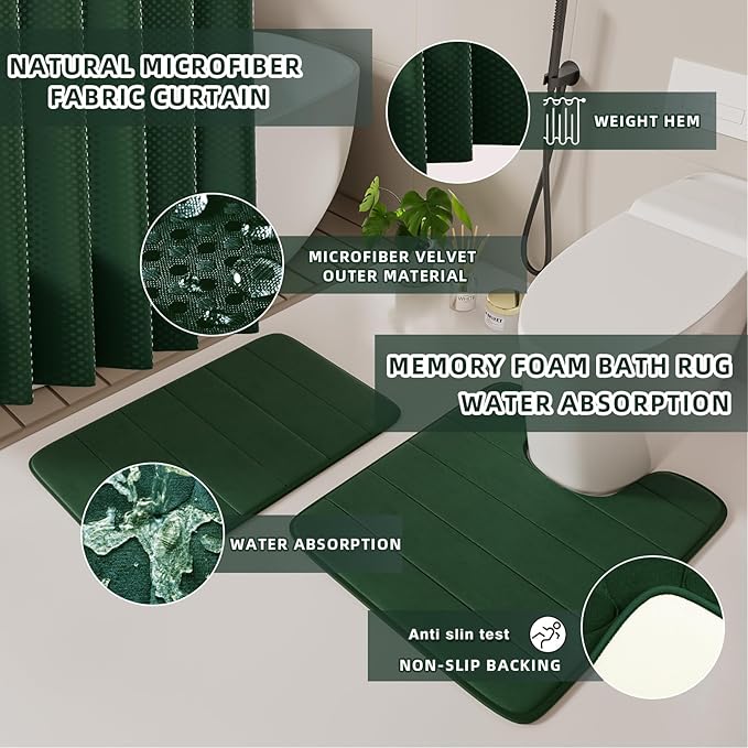 XLHOMO Bathroom Accessories Set - 25PC Green Bathroom Set, Bathroom Set with Shower Curtain and Rugs, Green Shower Curtain Set, Toilet Brush, Bathroom Trash Can