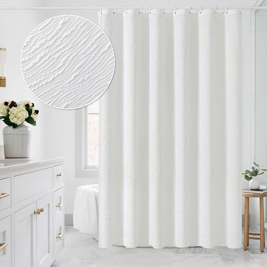 MitoVilla White Modern Fabric Shower Curtain, Farmhouse Waves Cloth Shower Curtains for Neutral Hotel Bathroom Decor, 3D Geometric Embossed Textured, Waterproof & Wrinkle Resistant, 72 x 72