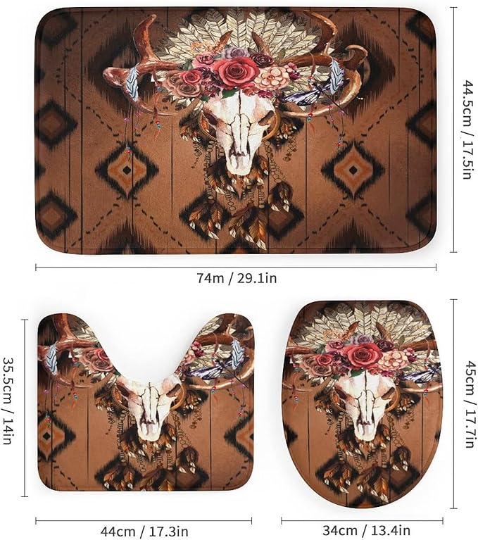 West Country Deer Skull 4 Piece Shower Curtain Sets, Non-Slip Rugs, Toilet Lid Cover and Bath Mat, Durable and Waterproof, for Bathroom Decor Set One Size