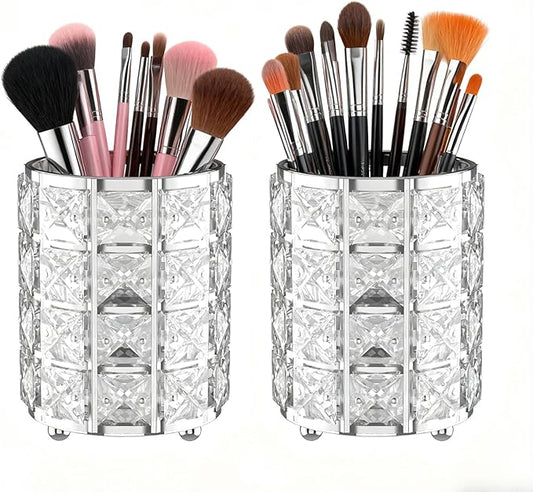 LUGUNU Makeup Brush Holder with Silver Crystal Bling ?€? Elegant Vanity Organizer for Brushes, Pens & Pencils, Ideal for Bathroom or Office Countertop(2Pack)