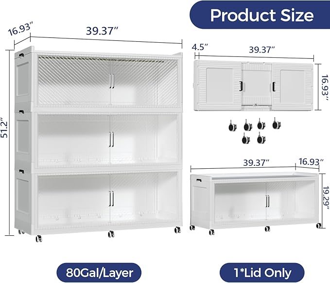 240Gal Extra Large Stackable Storage Bins with Lid, 960Qt Collapsible Storage Box with Wheels, Closet Organizers and Storage Cabinet Container for Home, Kitchen, Office, 3Pack White Clear