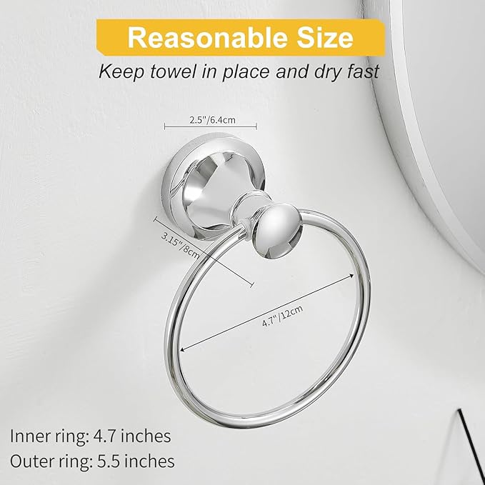 BESy Polished Chrome Bathroom Hand Towel Ring Towel Holder, Rustproof Wall Mounted Bathroom Hardware Accessory SUS 304 Stainless Steel Towel Rack