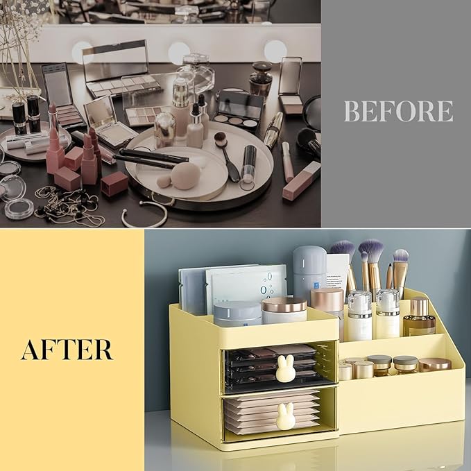 Makeup Organizer, Cosmetic Desk Storage Box with Drawers Skincare Organizers for Dressing Table, Countertop, Bathroom Counter, Vanity Holder for Brushes, Lotions, Lipstick, Perfume (Yellow-Clear)