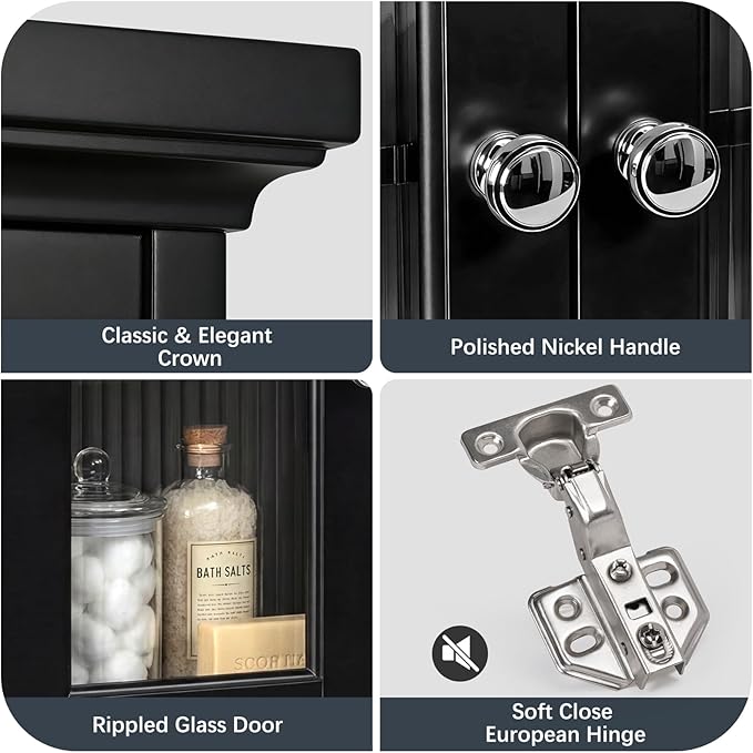 Wall Mounted Bathroom Cabinet with Fluted Glass Doors, Medicine Cabinet with Soft-Close Hinges, Space Saving Wall Organizer for Bathroom Above Toilet Storage (Black)