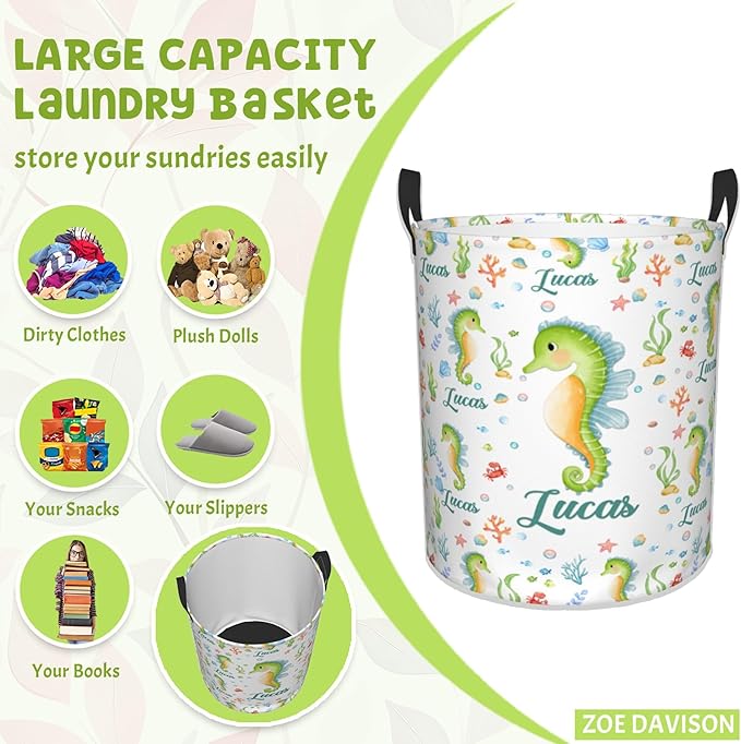 Personalized Seahorse Laundry Hamper, Ocean Themed Laundry Baskets with Custom Name, Collapsible Hamper for Kids Adults Home Decoration,16.5 X 13.8in