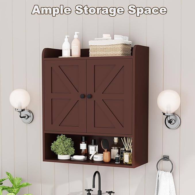 EasyCom 22" W x 26" H Bathroom Wall Cabinet, Farmhouse Medicine Cabinet with Adjustable Shelves and 2 Barn Doors, Over The Toilet Storage Cabinet for Bathroom, Kitchen, Living Room, Russet