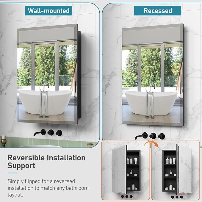 20 x 26 Inch Medicine Cabinet for Bathroom Wall Mounted, Recessed with Beveled Mirror and Adjustable Shelves
