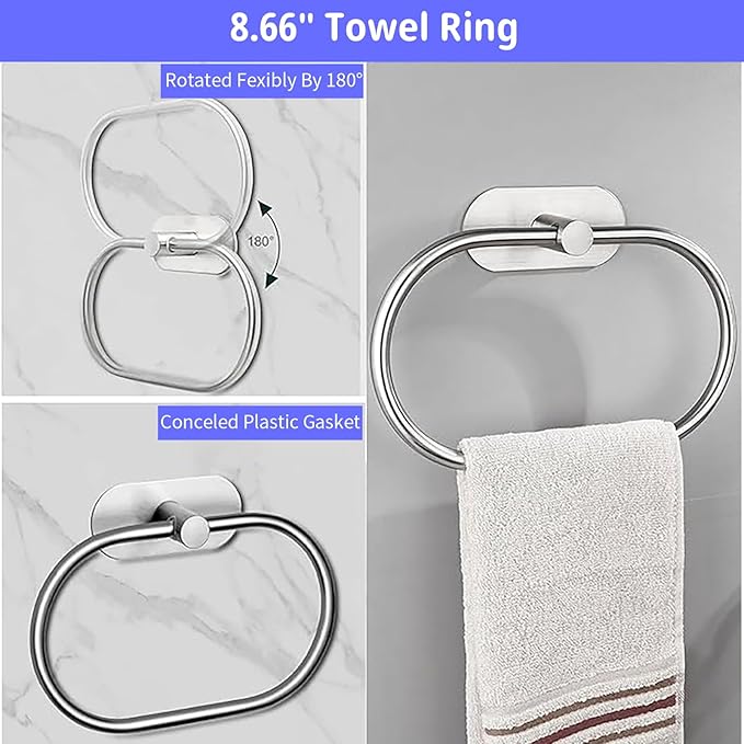 Bathroom Hardware Set, 16" Bathroom Towel Holder with Toilet Paper Holder, Towel Ring, Towel Hook, Bathroom Accessories for Kitchens, Laundry Rooms (5, Sliver)