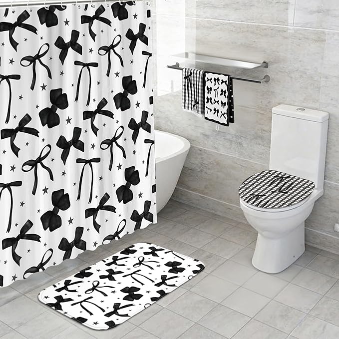 FuWeave 8 Pcs Black Shower Curtain Set Aesthetic Bow Knot Bathroom Decor Pretty Coquette Waterproof Shower Curtain Modern Minimalist Towels Non Slip Rug Toilet Lid Cover Bath Mat with 12 Hooks