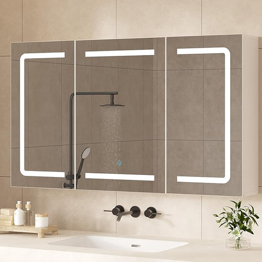 Hasuit Medicine Cabinet Organizer with Mirror, Lighted Bathroom Medicine Cabinet with Storage, 3 Doors Bathroom Wall Cabinet with LED Lights, Adjustable Shelves & Outlets, 39.4'' x 23.6'', White