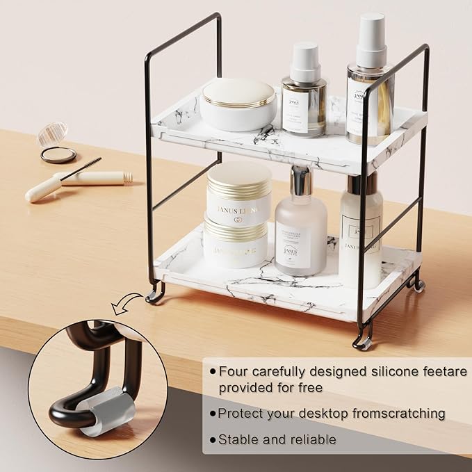 Kitchen Organizer,Small Spice Rack,Bathroom Organizer, Countertop Makeup Shelf Cosmetics Storage Display Rack Vanity Shelf,PP Imitation Marble Design,Tool-Less Install.(Black,2-Tier)