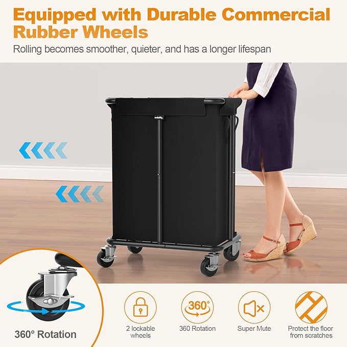 Hodonas Laundry Basket with Wheels, Rolling Laundry Hamper, 46 Gallons (170L), Removable and Machine Washable Liner, Steel Frame, Large Laundry Cart for Laundry Room, Bedroom, Bathroom, Dorm - Black
