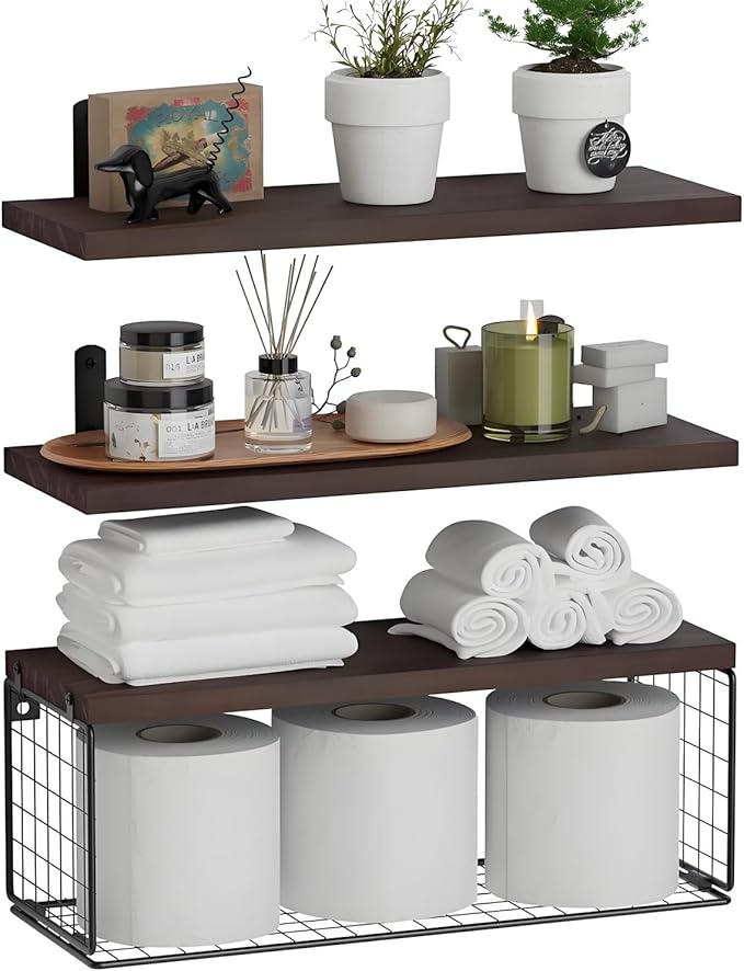 Bathroom Shelves Over Toilet, Set of 3 Wall Mounted Floating Shelves with Storage Basket Rustic Wood Shelf for Home Organization, Wall Decor for Bathroom, Kitchen, Living Room. (Brown)