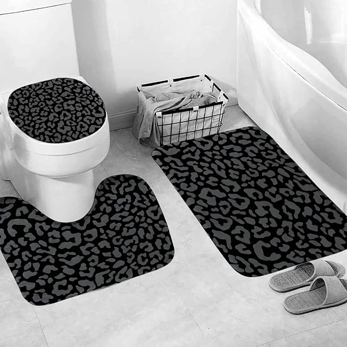 TOMWISH 4 Pcs Leopard Shower Curtain,Black Gray Cheetah Print Bathroom Sets Complete,Shower Curtain Toilet Lid Cover and Bath Mat Bathroom Decor Sets,juego de baños de Set Bath Accessories with Hooks