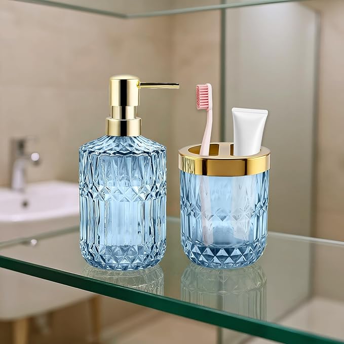 2Pcs Blue Bathroom Accessories Set, Glass Bathroom Accessories, Vintage Bathroom Countertop Decoration Includes Soap Dispenser, Toothbrush Holder