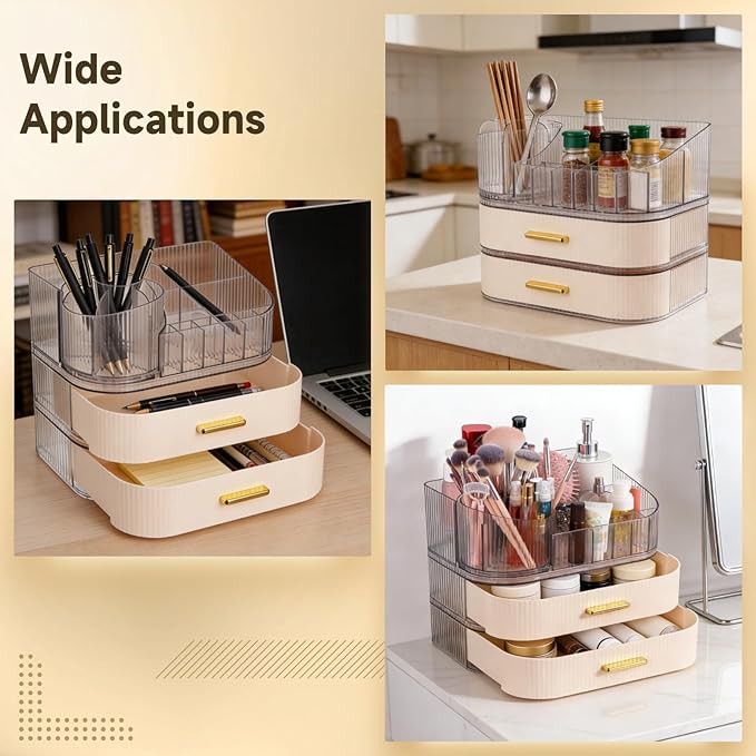 3 Tiers Makeup Organizer with Drawers, Makeup Holder 360° Rotating Brush Holder, Large Capacity Cosmetic Storage with Clear Top Slots, Vanity Organizer for Skincare Perfume Lipstick Jewelry