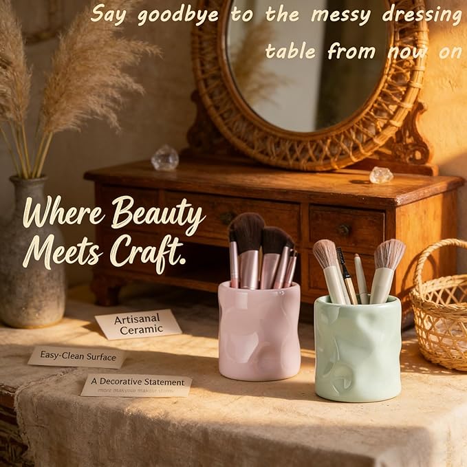 Premium Ceramic Makeup Brush Holder - Weighted & No-Tip Organizer with Easy-Clean Glaze, Vanity Storage for Brushes, Elegant Bathroom & Dresser Tabletop Decor An ideal gift for women (black)