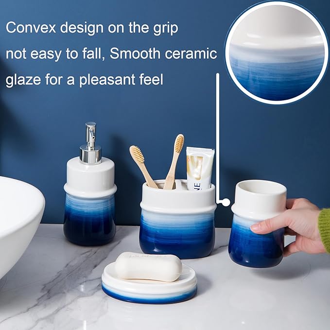 Navy Blue Bathroom Accessories Set, 4-Piece Blue Ceramic Bathroom Decorations Accessories Set,Contain Toothbrush Cup,Soap Dispenser,Soap Dish,Tumbler