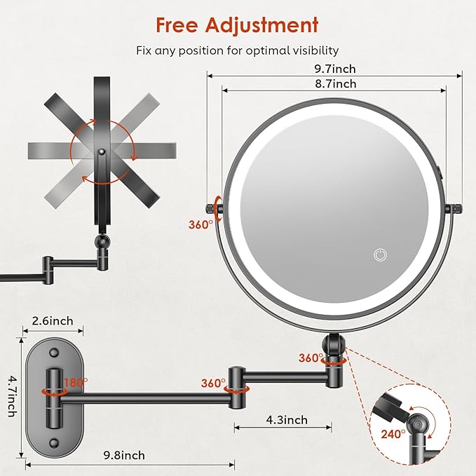 ZLOKLA 9" Wall Mounted Lighted Makeup Mirror,4000mAh Rechargeable Double Sided 1X/20X Magnifying Mirror with Light,Touch Dimmable,Extended Arm 360 Rotation Wall Mounted Makeup Mirror 3 Color Lights-B