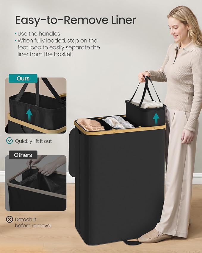 SONGMICS Laundry Hamper, Laundry Sorter with Lid, Storage Basket Bin, Removable Liners, Bamboo Frame, for Bedroom, 3 Sections, 44.9 Gal. (170 L), Ink Black ULCB533BH01