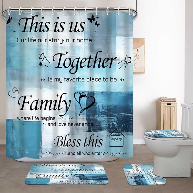 Lnond 4Pcs Bathroom Shower Curtain Sets with Rugs, Blue Motivational Home Family Bathroom Sets with Shower Curtain and Rugs and Accessories