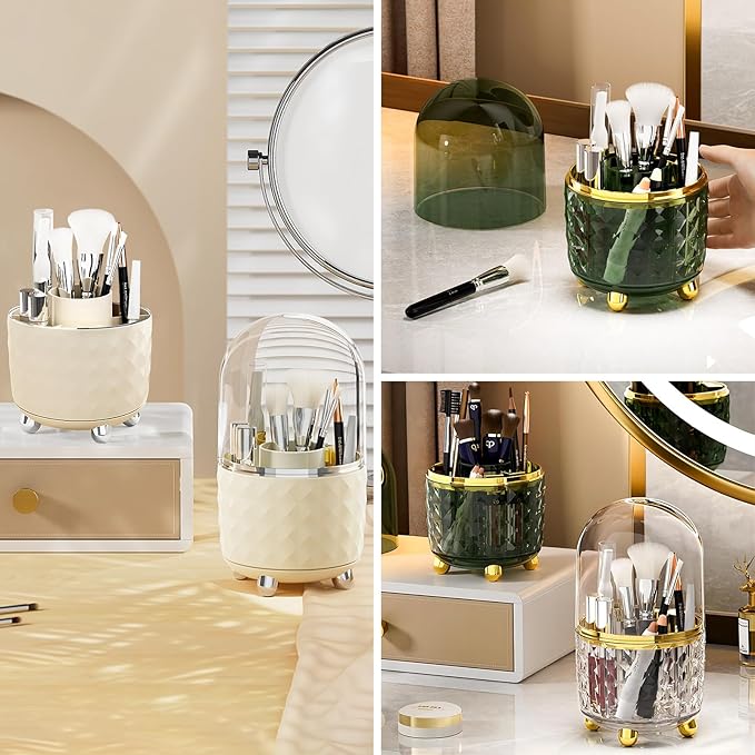 DASITON Makeup Brush Holder Organizer,360°Rotating Makeup Organizer and Storage,Spinning Cosmetic Organizer Pen Holder,Makeup Brushes Holder for Vanity Desktop Bathroom Countertop(Cream 01)