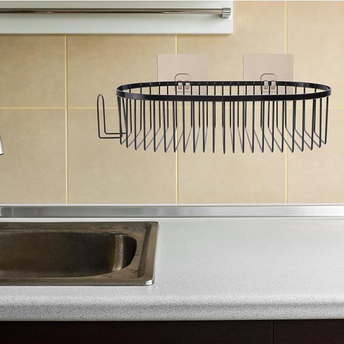 Punch-Free Iron Oval Bathroom Storage Rack, Wall-Mounted Hanging Basket with Drainage, Black Multifunctional Household Shelf for Bathroom and Kitchen Organization
