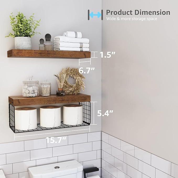 Bathroom Shelves Over Toilet - Heavy Duty Storage Rack, 25+ lbs Weight Capacity, Minimalist Design Wall Mounted Floating Shelves Toilet Paper Storage Farmhouse Decor Shelf 16 inch (Brown, General, 2)
