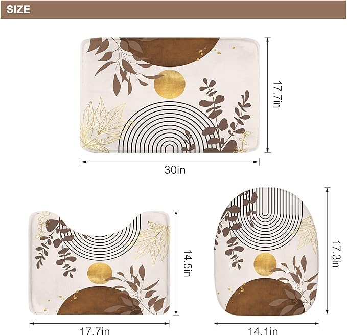 Riyidecor Brown Boho Mid Century 4Pcs Bathroom Shower Curtain Sets Modern Abstract Gold Bathroom Decor Set with Rugs and Accessories Minimalist Toilet Lid Rug, Contour and Bath Mat with 12 Hooks