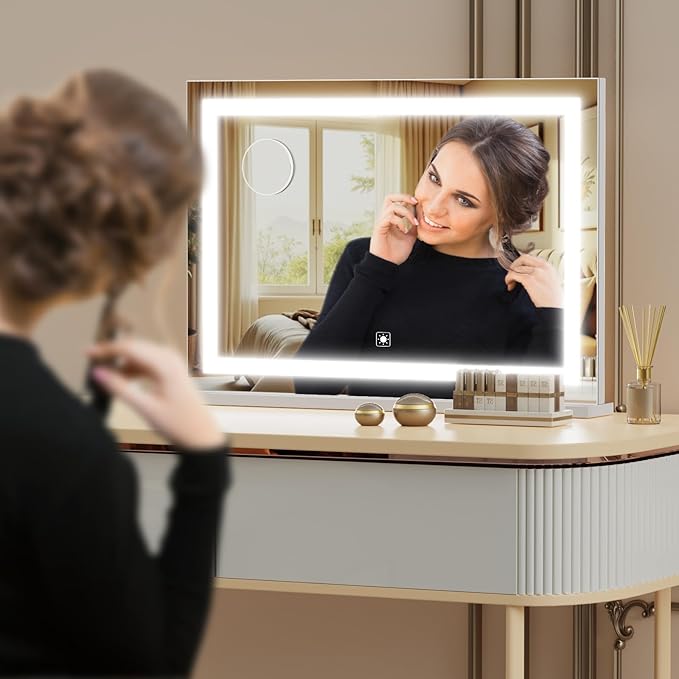 Gvnkvn Makeup Vanity Mirror 24" x 19" Large LED Makeup Mirror, Desk Mirorr with Lights, Light up Mirror with 10X Magnification and, Dimmable 3 Modes, Touch Control White