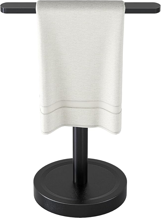 Heavy Duty Hand Towel Holder Stand, Stainless Steel Hand Towel Holder Rack for Bathroom Countertop, Weighted Base T-Shape Free Standing Towel Bar for Bathroom Kitchen Vanity Countertop, Matte Black