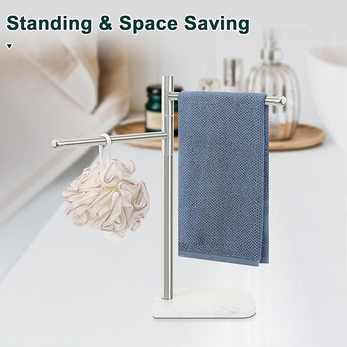 Hand Towel Holder, F-Shape Hand Towel Stand with Marble Base, Stainless Steel Swivel Hand Towel Rack Standing Towel Bar for Bathroom Kitchen Countertop, 2 Arms (Brushed Nickel)