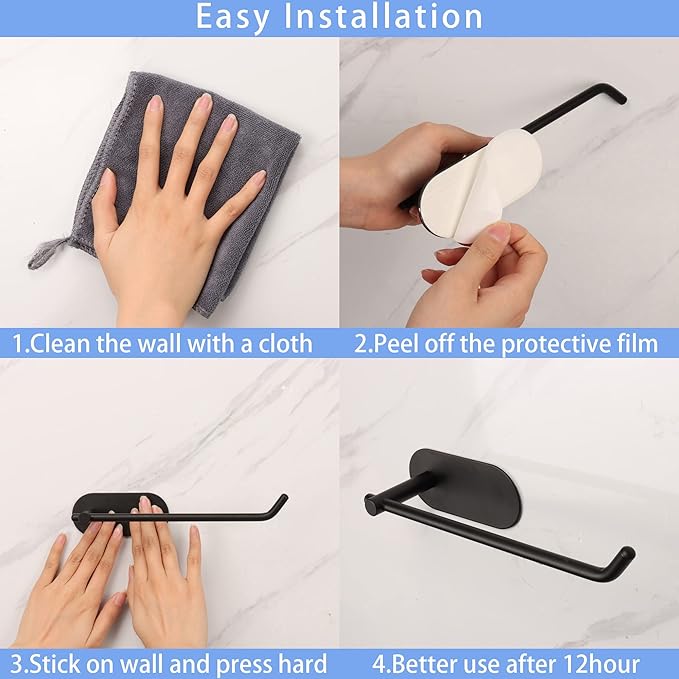 TocTen Hand Towel Holder, No Drilling Stick on Wall Towel Bar, SUS 304 Stainless Steel Towel Rod, Strong Self Adhesive Towel Rack/Hanger for Bathroom Kitchen (Matte Black)