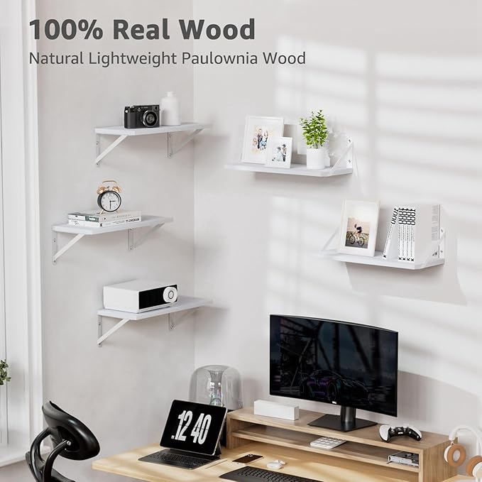 Wall Shelves 7.3" Deep Set of 3, Solid Paulownia Wood Wider Longer Sturdy Easy to Install Wall Mounted Bookshelves Storage Shelves Bathroom Storage Office Laundry Room Bedroom Organizer White