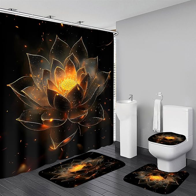 AZHM Luxury Golden Lotus Shower Curtain Set 4 PCS Black Gold Floral Bathroom Decor Set with Non-Slip Bath Rugs, Toilet Lid Cover and U-Shaped Mat