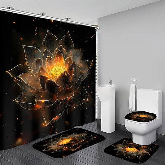 AZHM Luxury Golden Lotus Shower Curtain Set 4 PCS Black Gold Floral Bathroom Decor Set with Non-Slip Bath Rugs, Toilet Lid Cover and U-Shaped Mat