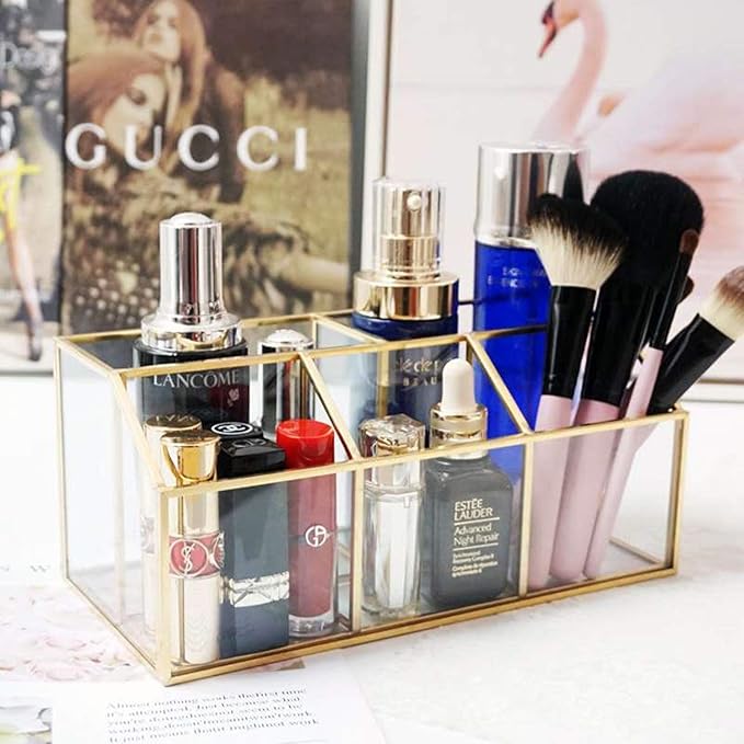 Yamfurvo Makeup Organizer Handmade Vintage Brass Frame Makeup Brush Holder Glass Makeup Brushes Storage Cosmetic Organizer Makeup Vanity Decoration Jewelry Box,(3+2) Segments