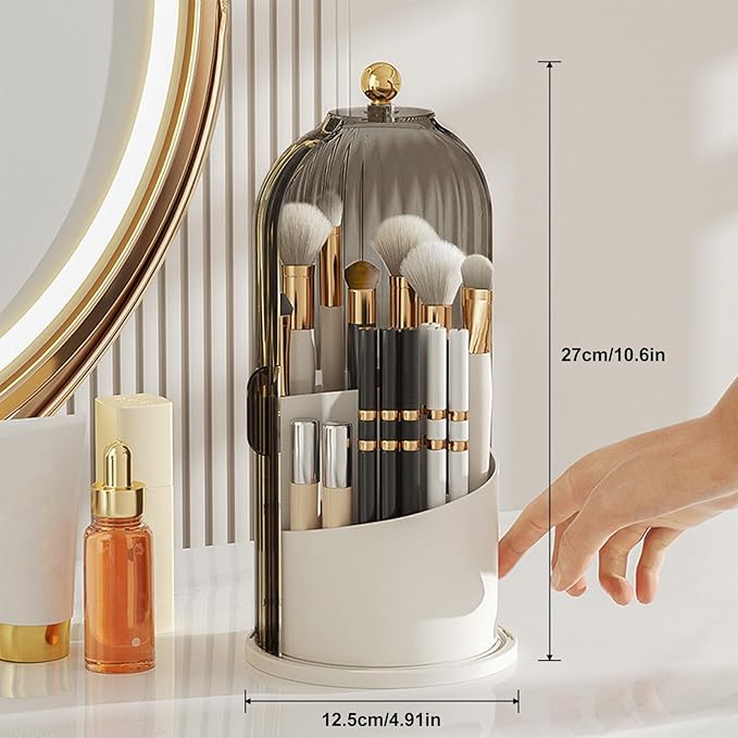 Qivine Makeup Brush Organizer, Cosmetics Make Up Brush Holder Organizer with Acrylic Lid, 360° Rotating Makeup Organizer for Vanity Countertop, Bathroom Make Up Organizers for Counter