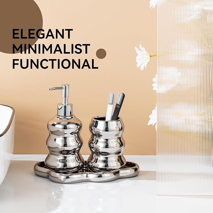 Silver Bathroom Accessory Set, 3-Piece Ceramic Bath Accessories Set with Tray, Lotion Dispenser, and Tumbler