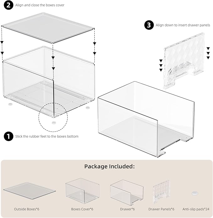 Delamu 6 Pack Stackable Storage Drawers, Makeup Skincare Holder Vanity Storage Organizer, Plastic Drawers For Vanity Desk, Undersink, Kitchen Cabinet, Pantry, Clear, Ideal Christmas Gifts for Girls