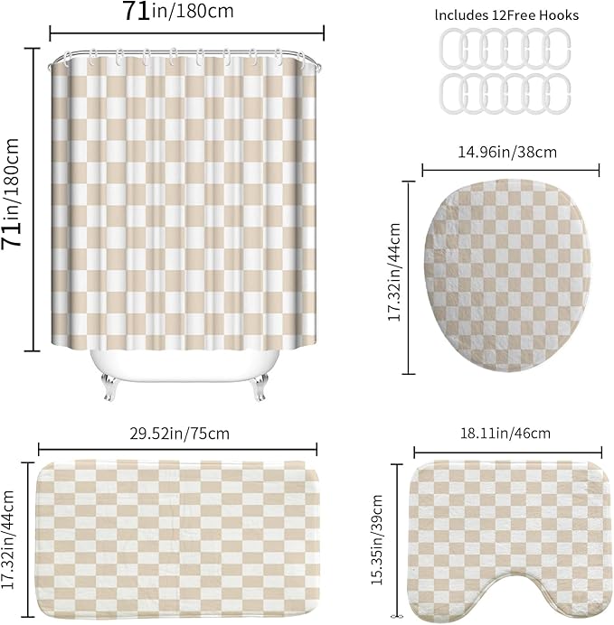 4 PCS Checkered Shower Curtain Sets Fun Gingham Bathroom Sets Soft Non Slip Bath Rugs Toilet Cover U-Shaped Mat Retro Bright Waterproof Shower Curtains with 12 Hooks for Tub Toilet, Beige